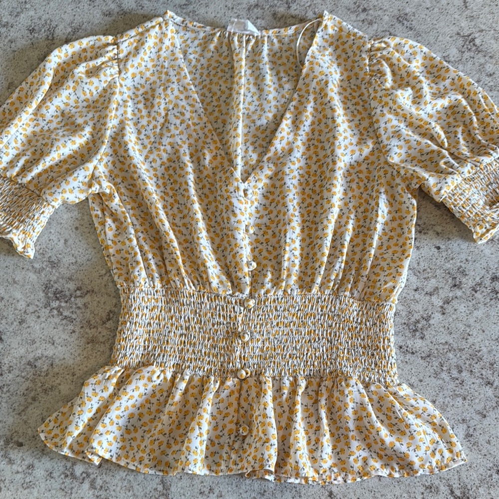 Yellow Floral Cinch Waist Blouse